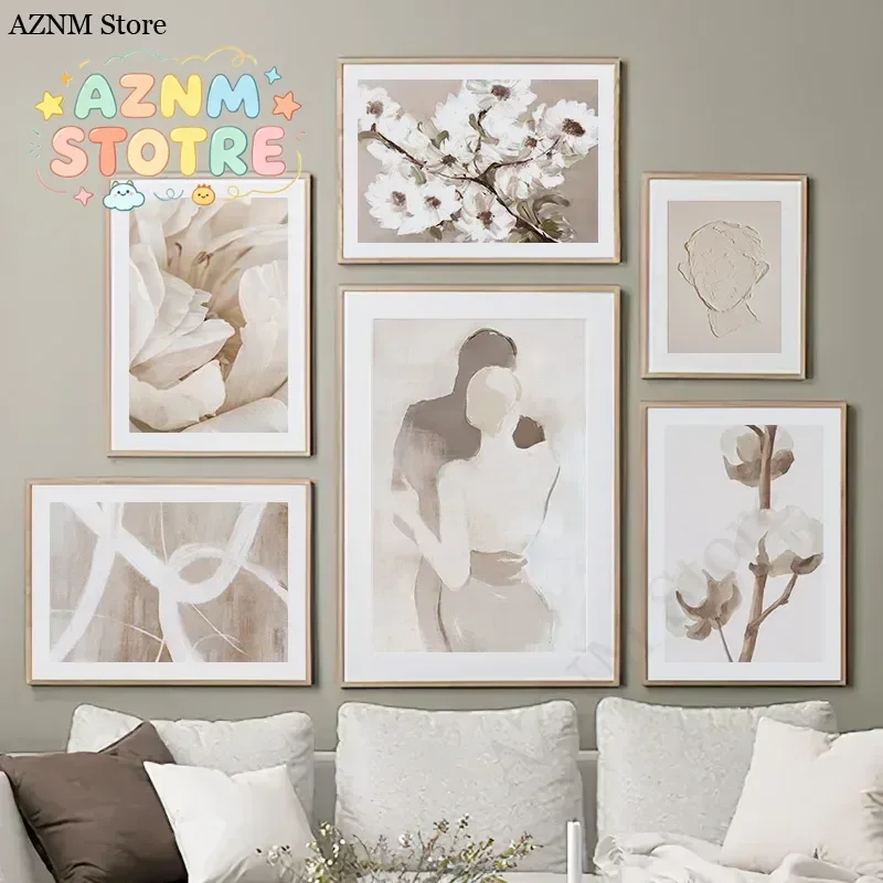 Cuadro de lienzo beige con diseño de cisne y flor de durazno, arte de pared de primavera, pósteres y grabados nórdicos, cuadros de pared para decoración de sala de estar