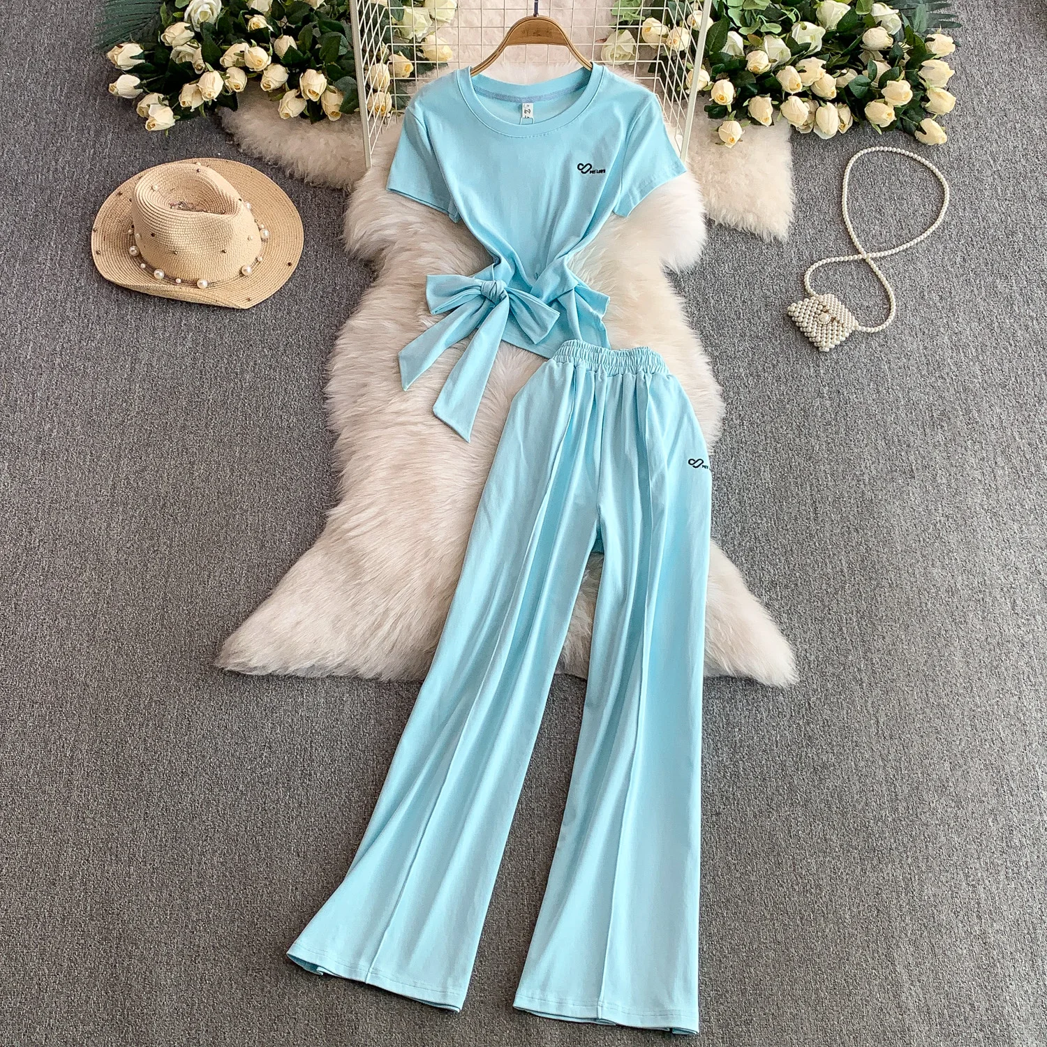 

Women Korea Style Ribbon Bandage Outfit Summer Wide Led Panst Asymmetric Tops Tees Suit Set Simple Tropical Fashion Streetwear