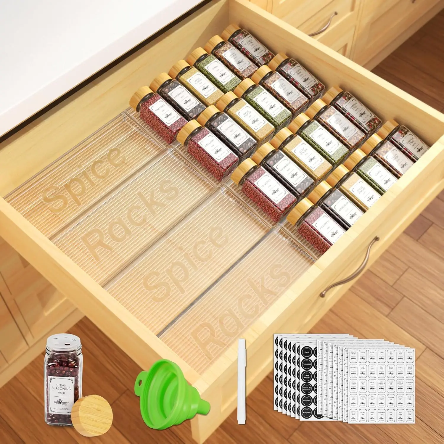 

24 Spice Jars with Drawer Organizer, 355 Labels, Expandable Acrylic Rack for Kitchen Storage