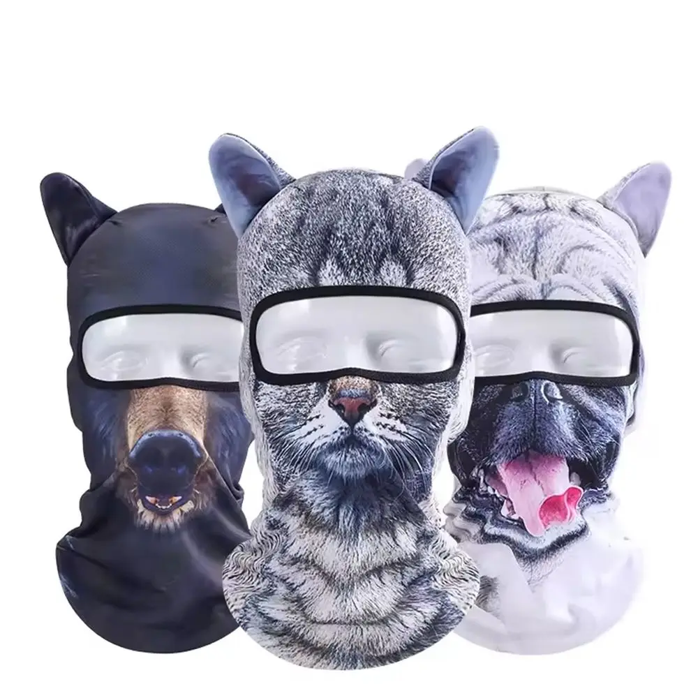 재미있는 3D 동물 얼굴 마스크 개/고양이 귀 프린트 폴리에스터 섬유 동물 귀 모자 부드러운 자외선 차단 풀 페이스 커버 하이킹용