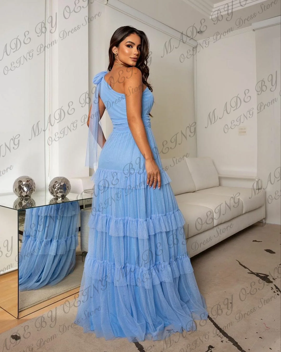 OEING Elegant Sky Blue Tulle Prom Evening Dresses Women One-Shoulder Tiered Bow Straps Long Formal Occasion Wedding Party Dress