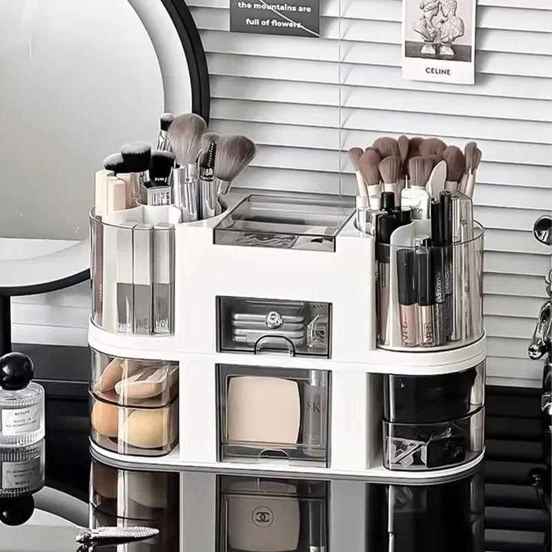 

2025Large Makeup Organizer for Vanity with Drawer 360° Rotating Makeup Brush Holder Desk Cosmetic Storage Box Lipstick Container
