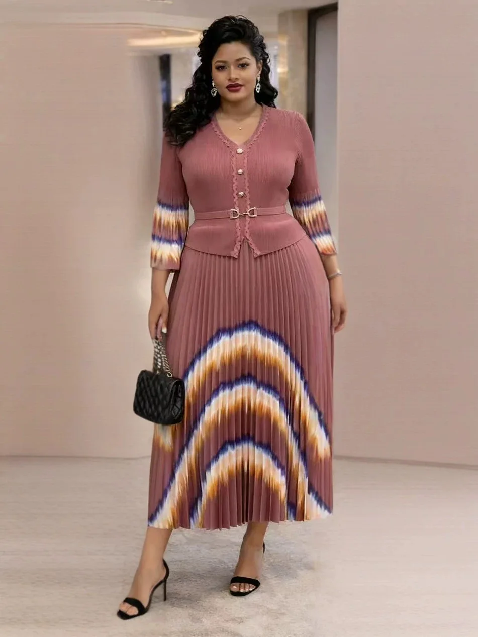 2026 Miyake Fashion Disc Flower Horn Sleeve Long Sleeve Strap Waist Gradual Change Color Pleats Elegant Dress