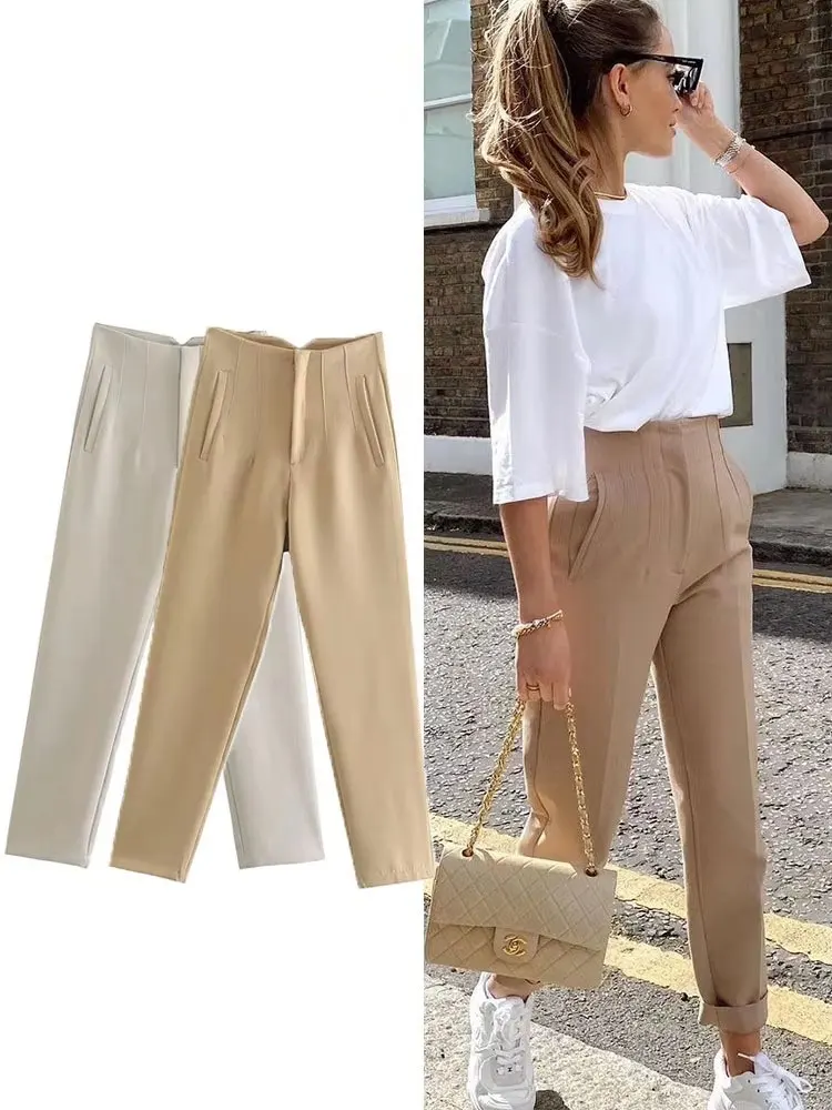 

Pop Women Elegant Solid Pencil Pants High Waist Pant For Women Casual Streetwear Woman Trousers Office Wear Chic Pant