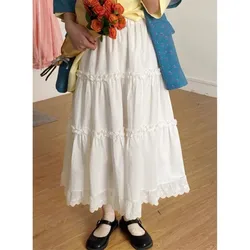 Boho Elegant Ruffle White Long Skirt Women Lace Flower Hollow Folds Hem High Waist Pleated Skirts Casual Holiday Female Clothes
