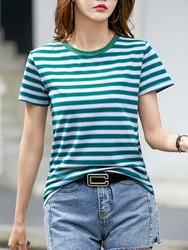 AOSSVIAO 2026 Summer Striped Cotton T Shirt Women Casual Top O-Neck Short Sleeve Tee Shirt Femme Vintage Womens Clothing