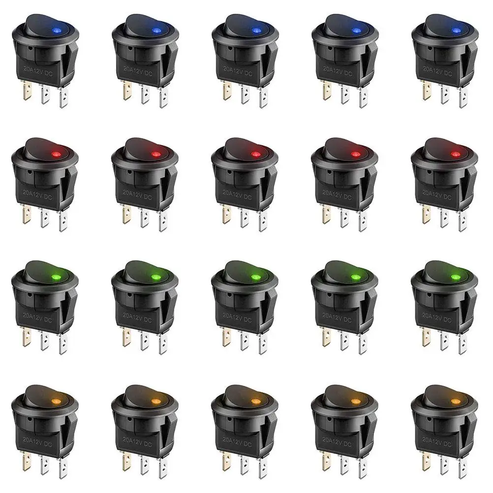 20Pcs 3 Pin 12V 20A Amps Car Truck Rocker Round Toggle LED Switch On-Off Control, Blue, Green, Yellow, Red