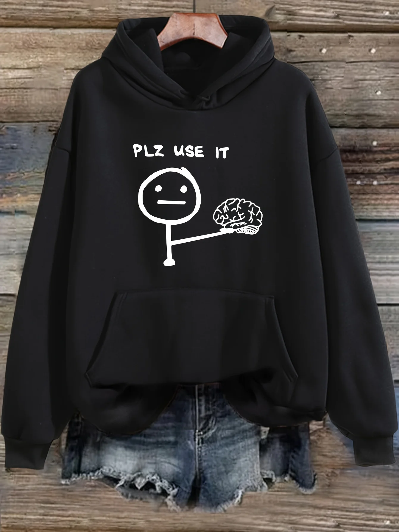 

Women's casual patterned hoodie with PLZ USE IT cartoon printed drawstring hood and kangaroo pocket