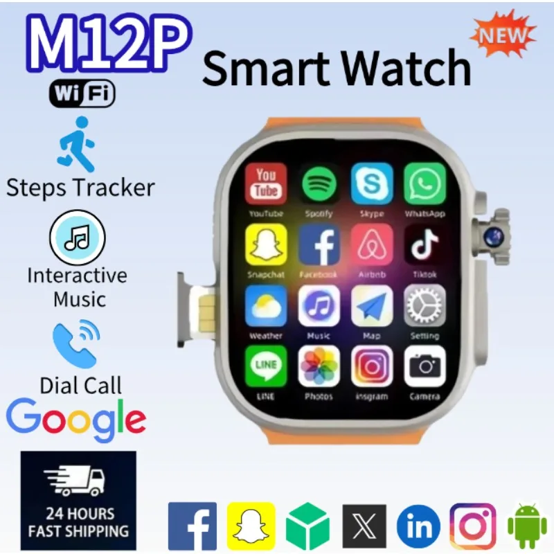 Orange 16GB 256GB M12P SIM Card Rotating Camera Android 9.0 Bluetooth GPS Positioning Play Store Global Version Smart Watch Men