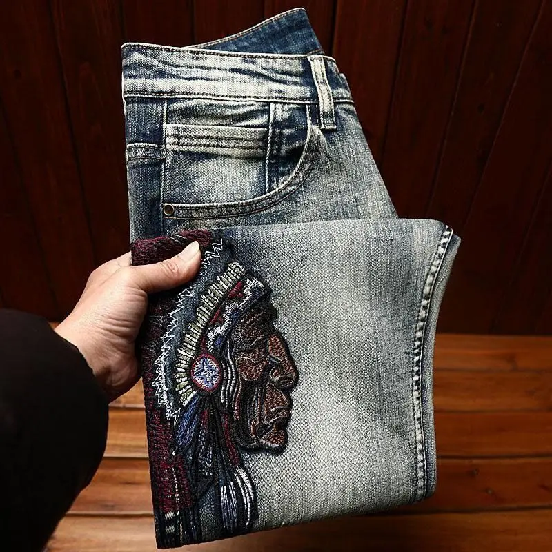 New 2026 Men's Heavy Embroidery Denim Jeans Elastic Vintage Ripped Large Size Straight Leg Casual Comfortable Breathable