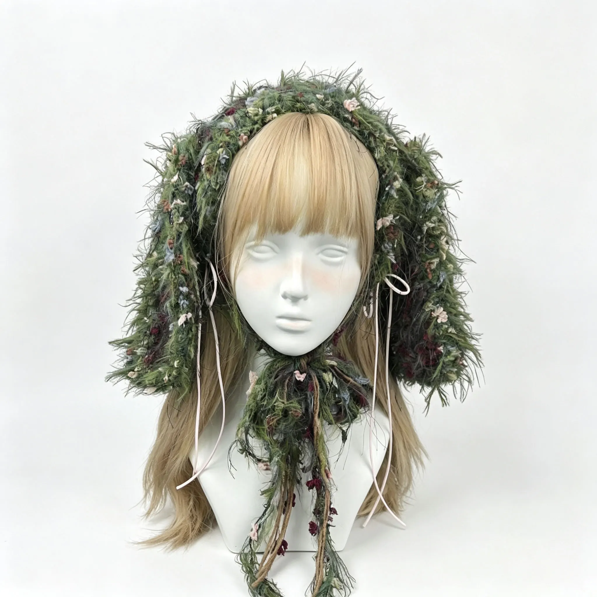 Handmade Moss Green Forest Bunny Rabbit Ears Headband Women Custom Crochet Knit Headwear Girls Wooland Goblin Cosplay Accessory