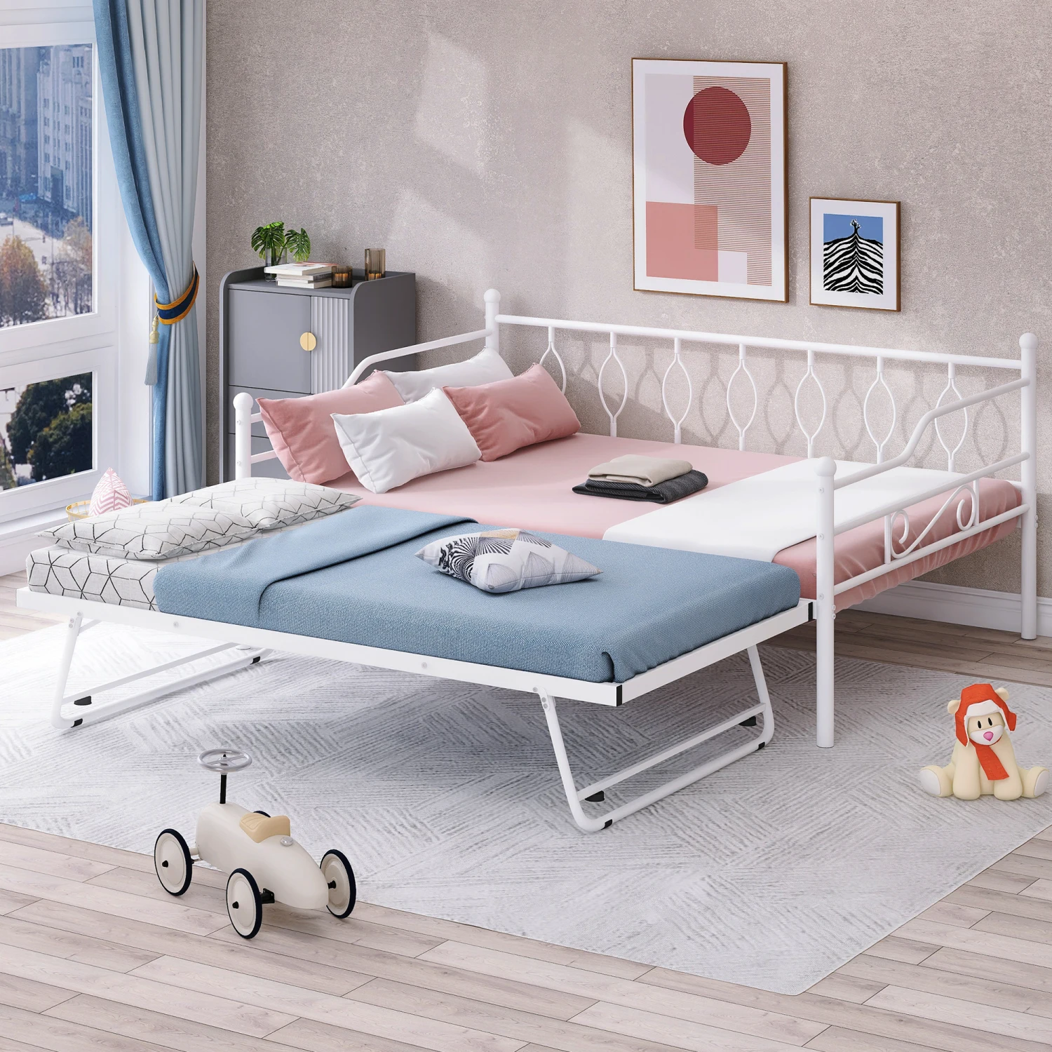 

Full Size Metal Daybed with Twin Size Adjustable Trundle, Portable Folding Trundle, White(OLC SKU MF293730AAK)