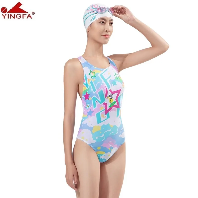 Yingfa Athletic Performance One Piece Swimsuit Cute Cartoon Print Training Swimwear