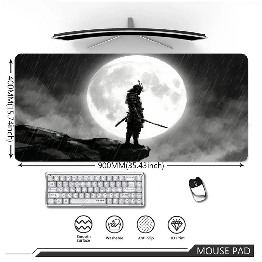XXL Samurai Silhouette Full Moon Rainy Night Play mat Non-Slip Rubber Base Stitched Edge Desk Pad for Office Esports Gaming Gift