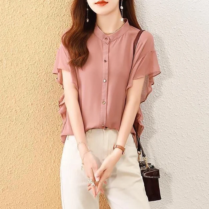 Elegant O-Neck Button Solid Color Butterfly Sleeve Chiffon Shirts Women's Clothing 2024 Summer Loose Chic Tops All-match Blouses
