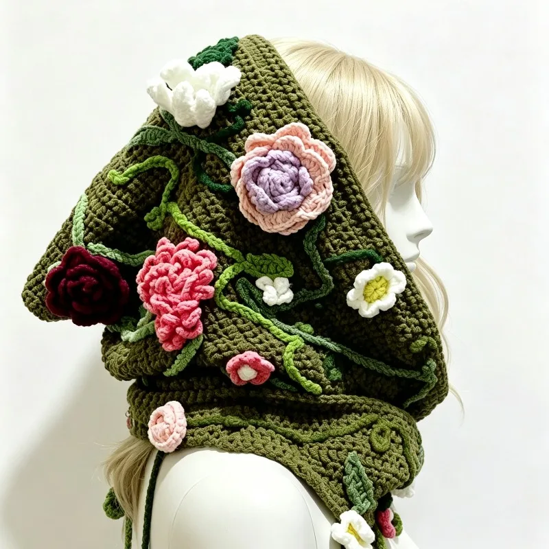 Handmade Colorful Wooland Balaclava Hat Women Winter Custom Crochet Floral Charm Beanie Men Warm Casual Sweet Kawaii Unisex Cap