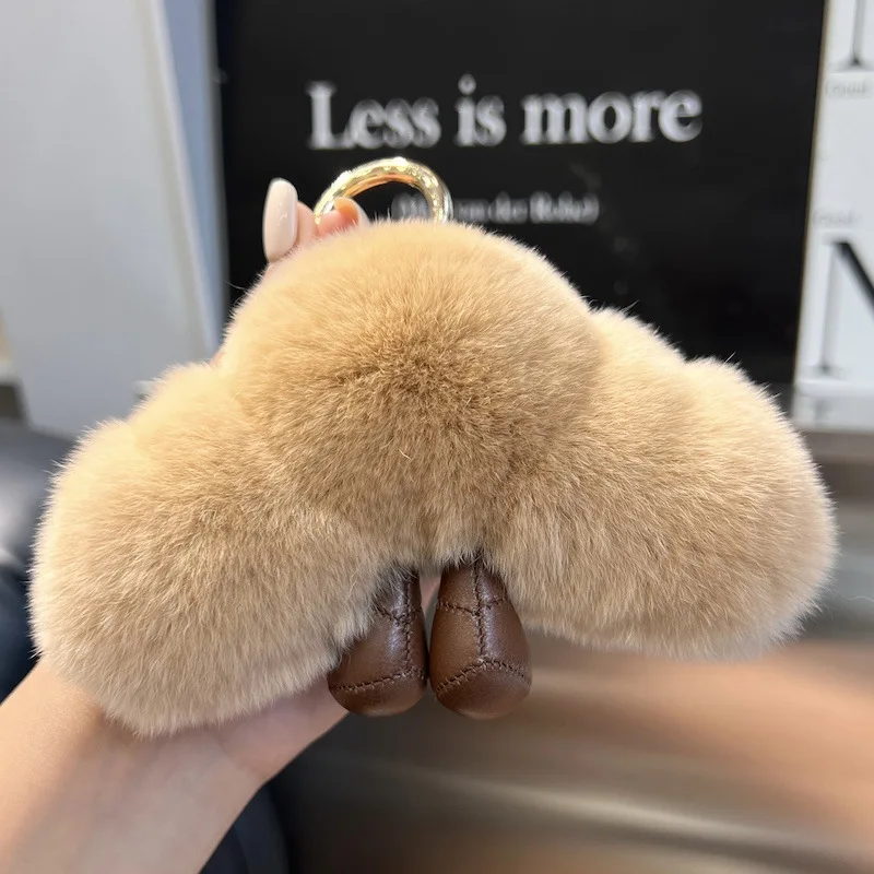 Bonito croissant real lontra pele de coelho carro chaveiro pingente bola de pelúcia boneca mochila pingente