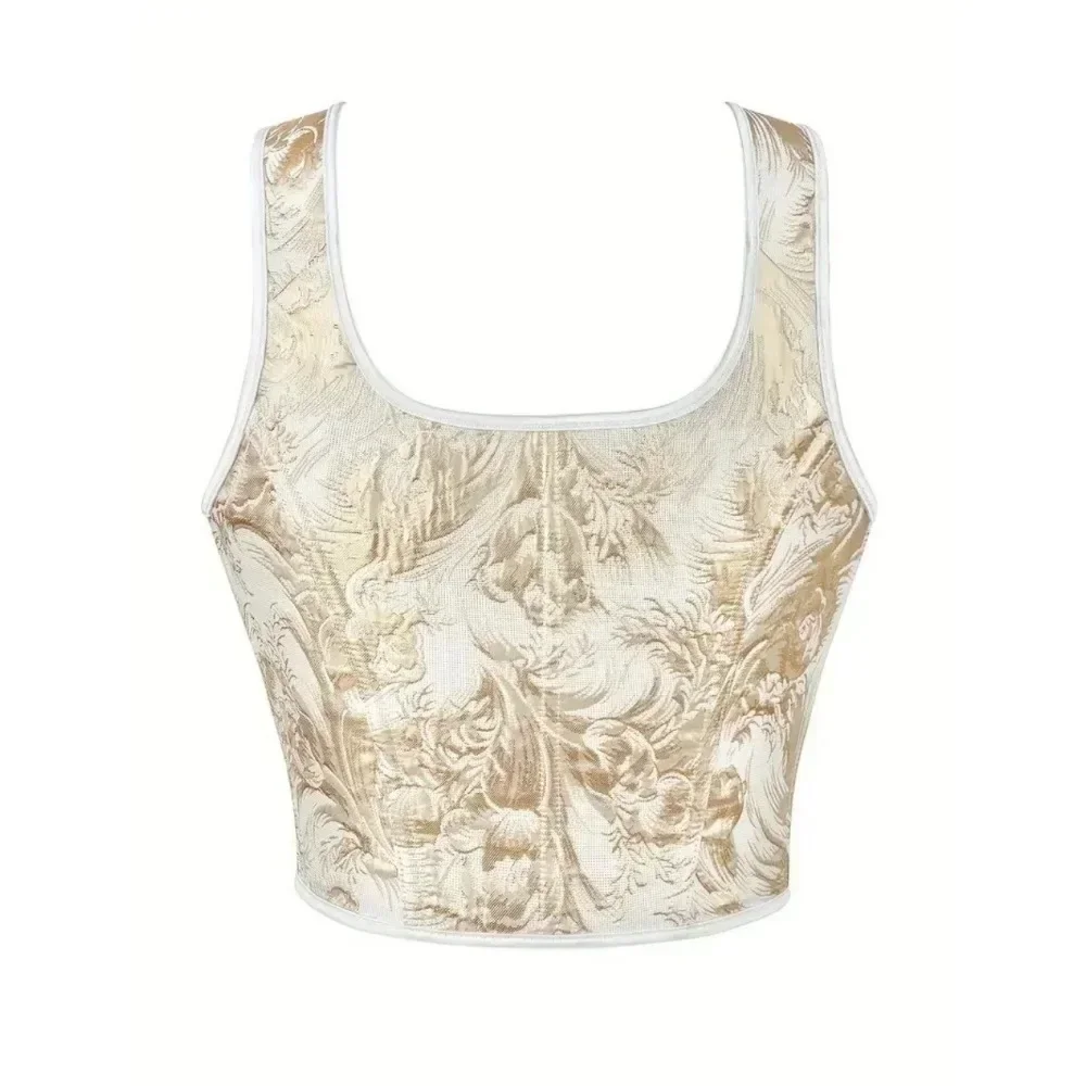 Moda donna stampa oro tracolla Korset overbust corsetto gilet dimagrante body shaper lace-up bustier sexy crop top costume