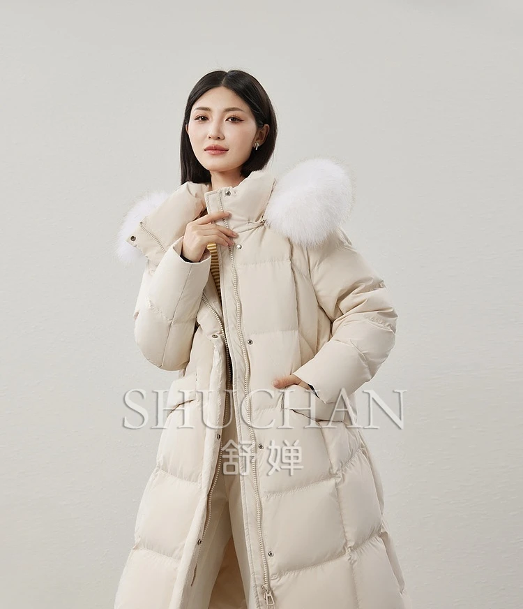 

Warm Removable Fox Fur Collar 90% White Duck Down Hooded Medium and Long Down Jacket Women Casacos De Inverno Feminino