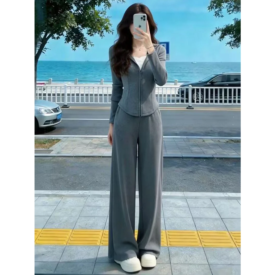 Women's Slim Fit Cotton Mamba 280g Set Zipper Jacket Long Pants Two Piece Set Fashionable Casual Sportswear Autumn Spring