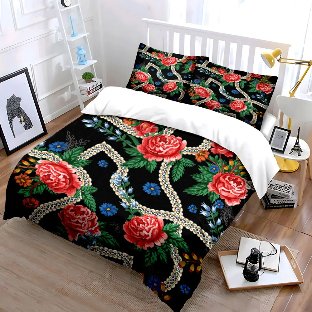 Black peony flowers and ribbons Print Bedding Set 1 Duvet Cover 2 Pillowcases for Adult and Children Luxury Gift Full Size