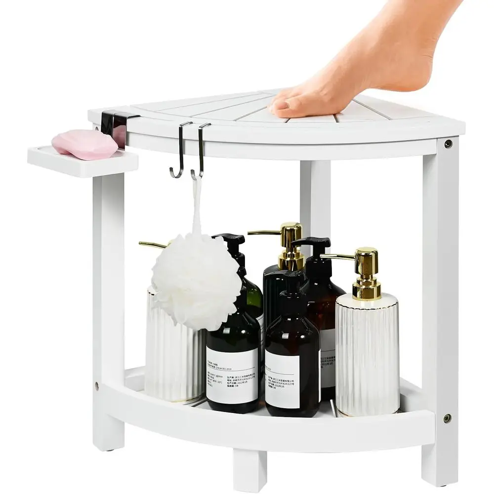 

2-Tier Bamboo Shower Stool or Shaving Legs, Waterproo Bench with Storage Shel and Soap Dish, Non-Slip oot Rest (White)