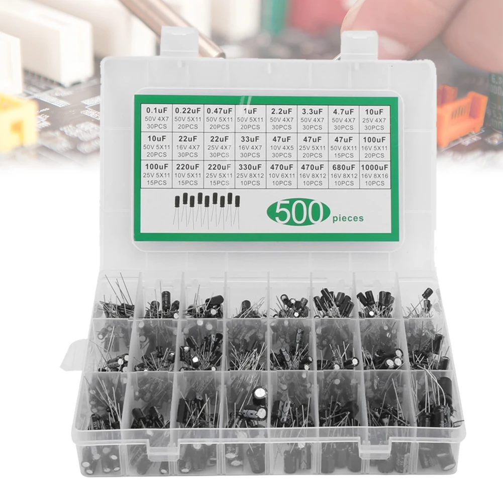 

500Pcs 24 Values 16-50V 0.1-1000uF Metal Electrolytic Capacitors Assortment Box Kit Assorted Assortment Kit Bypass Low Frequency