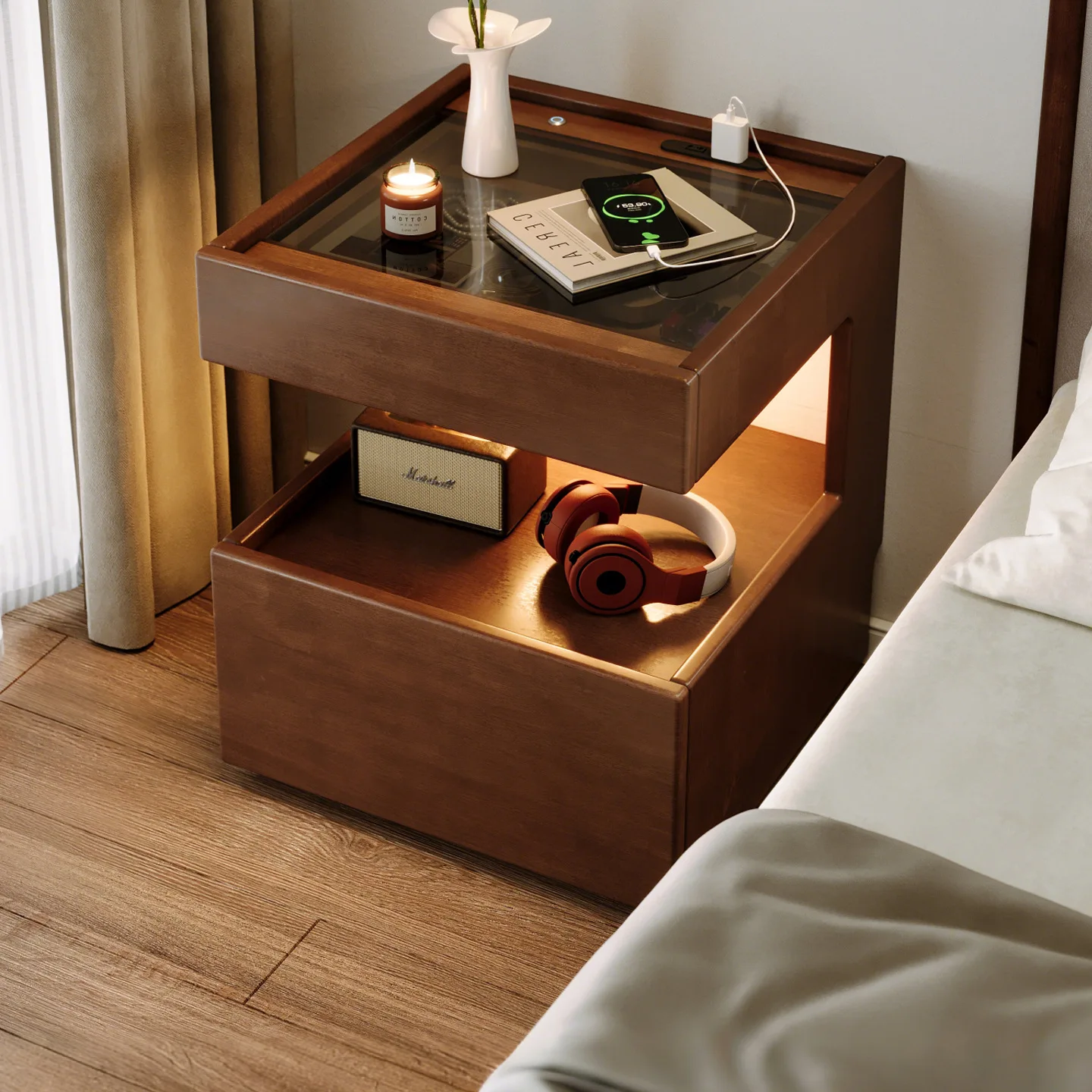 Solid wood bedside table Household bedroom Bedside locker Suspended smart bedside shelf Small cabinet