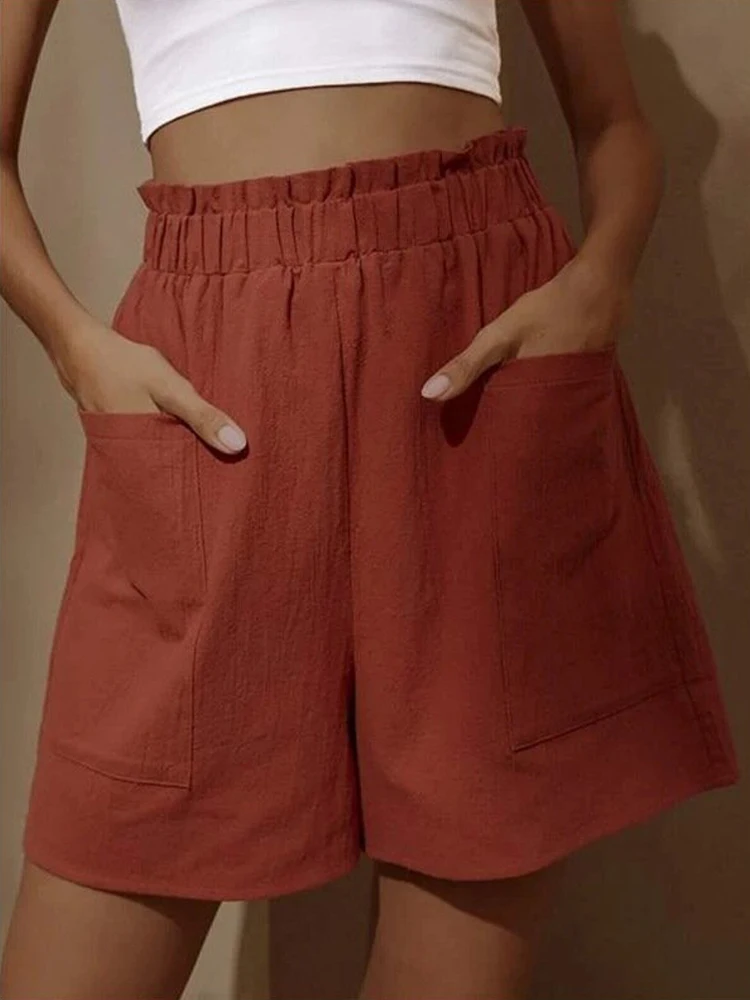 Shorts casuais soltos de tamanho grande para mulheres, calças largas de cintura alta, cor sólida, verão, novo