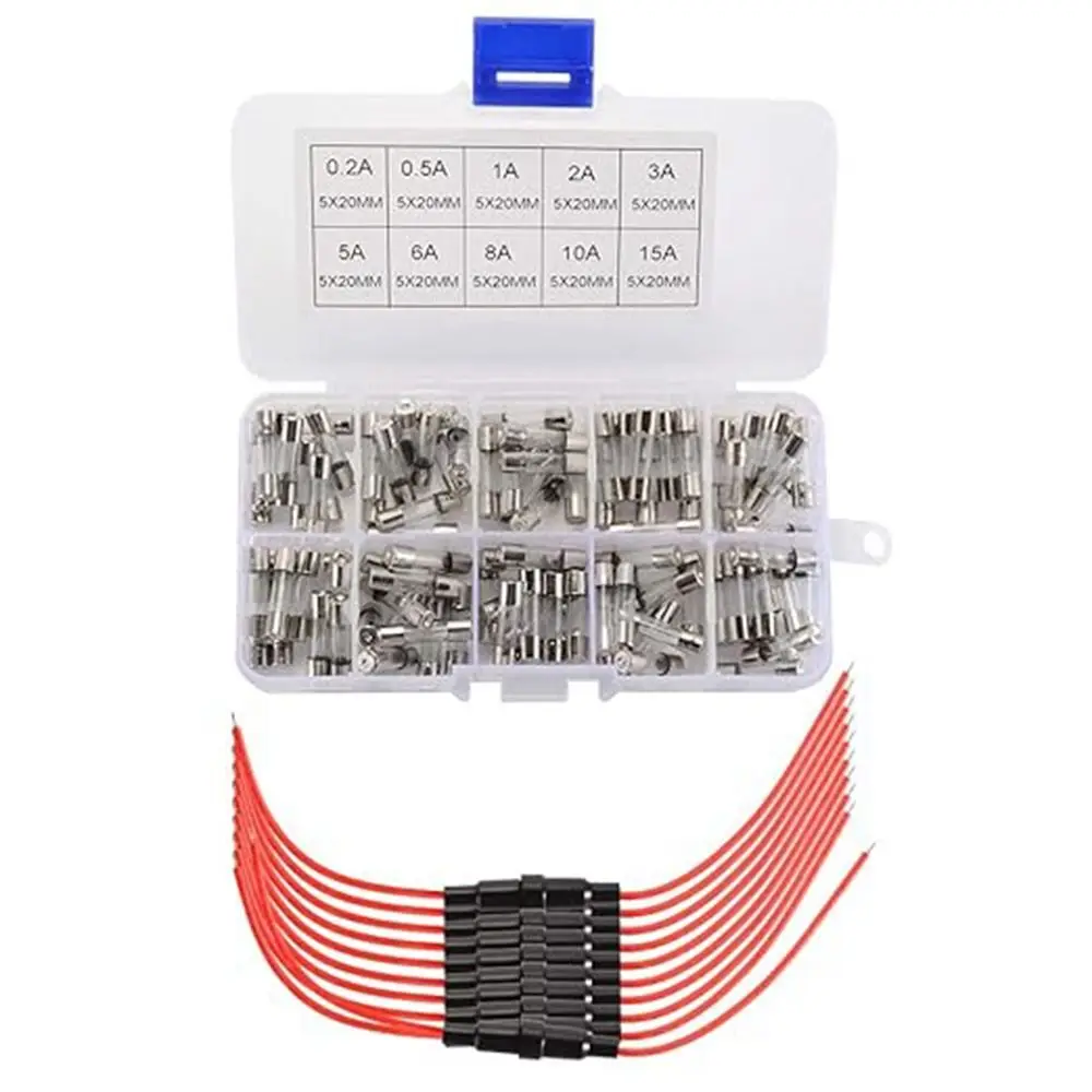 100pcs With Box ​Glass Fuses Quick Blow ​​​​Durable Fuse Assorted Kits 0.2A-20A 5x20mm Fast-blow ​Glass Tube Fuse For Car Light