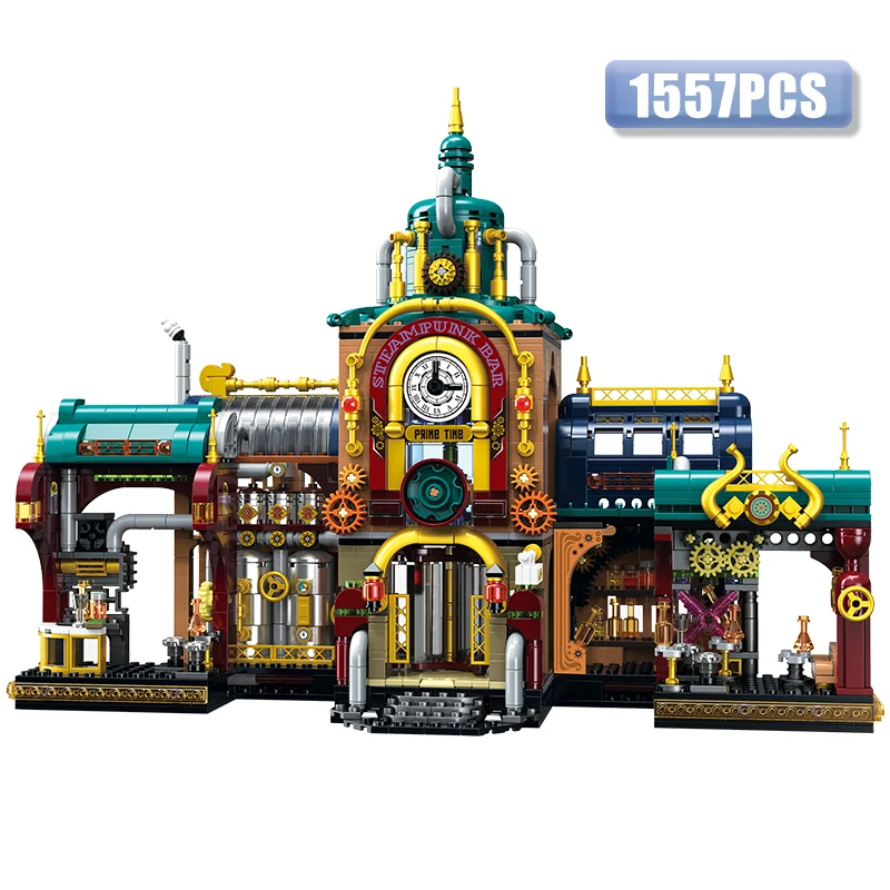 Creative 1557Pcs Steampunk Bar Model Building Blocks City Street View Architecture Bell Tower MOC BrIcks Toys For Children Gifts