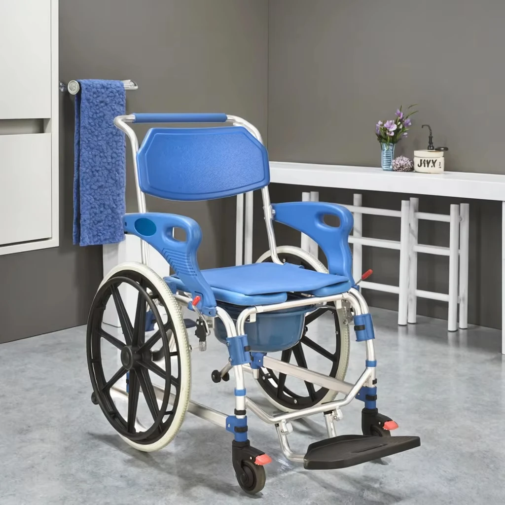 كرسي حمام بعجلات مع مسند للذراعين مقعد دش متنقل داخلي لكبار السن معدات سلامة الحمام شلل نصفي #6