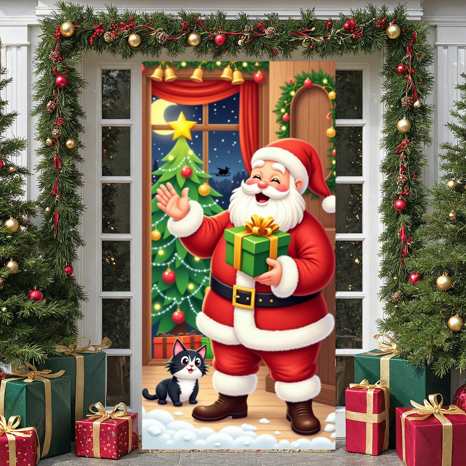 Winter Holiday Banner Decorative Christmas Tree Backdrop Santa Gift Display Golden Bells Holiday Background For Xmas Celebration