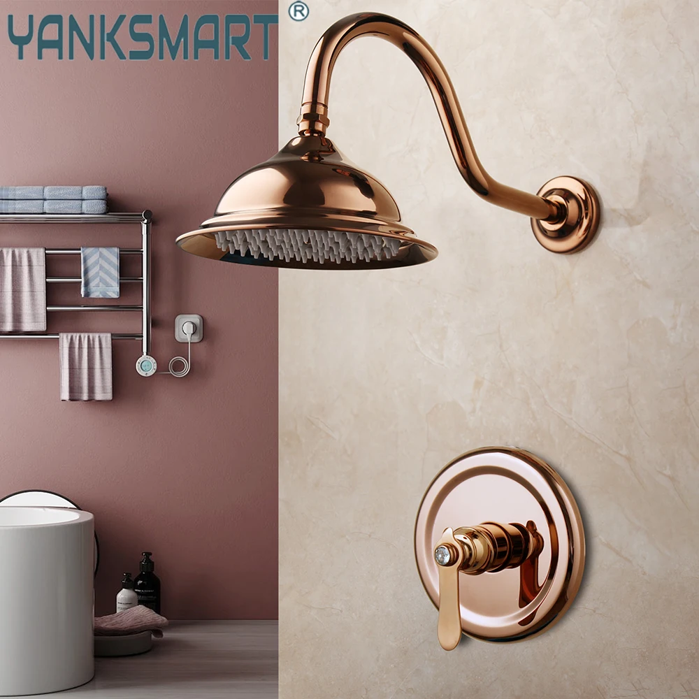 

YANKSMART Rose Gold Bathroom Bathtub Shower Faucet Solid Brass Handle Mixer Rainfall Hand Shower Spray Shower Faucet Set