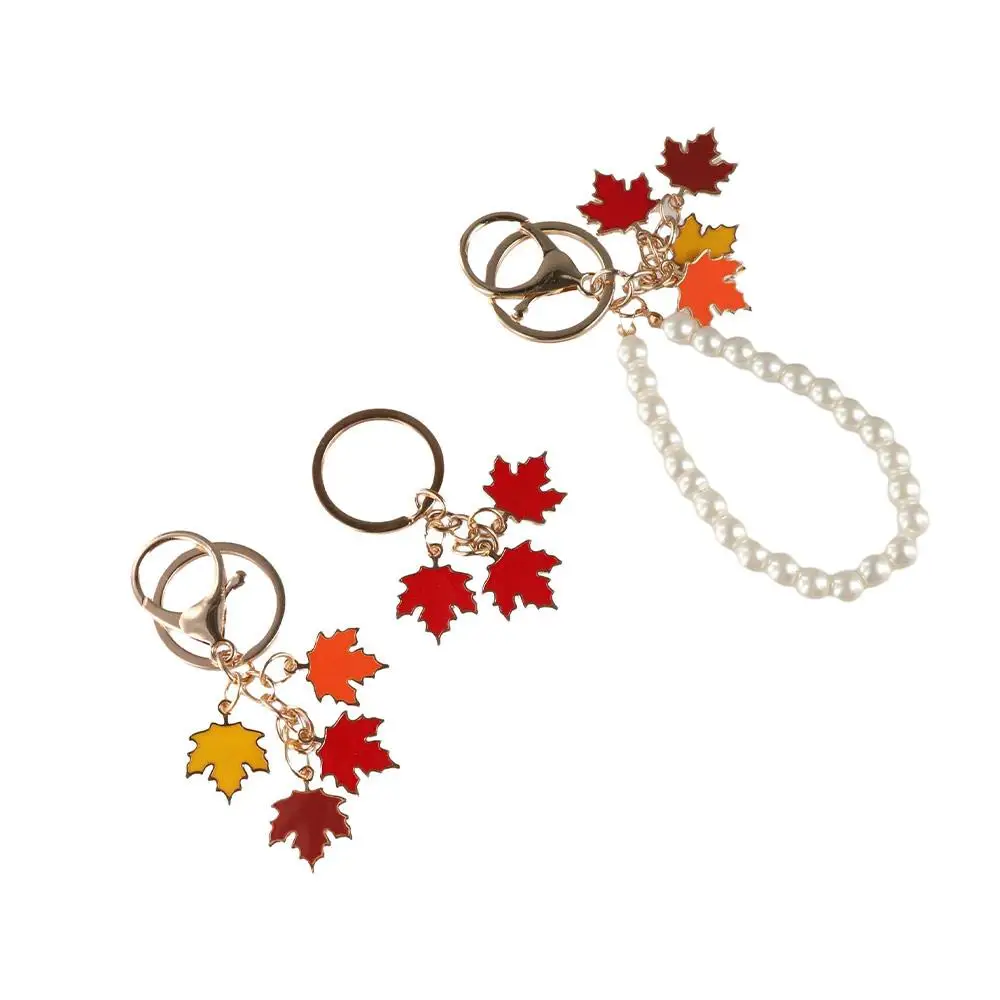 Maple Leaf Maple Leaf Keychain Creative with Pearl Lanyard Enamel Plant Key Rings Pendants Charms Leaf Metal Keyring Backpack