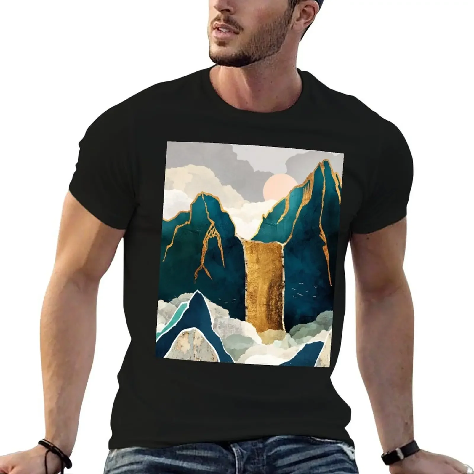 

Golden Waterfall T-Shirt Blouse tops luxury clothing labubu clothes shirts men graphic