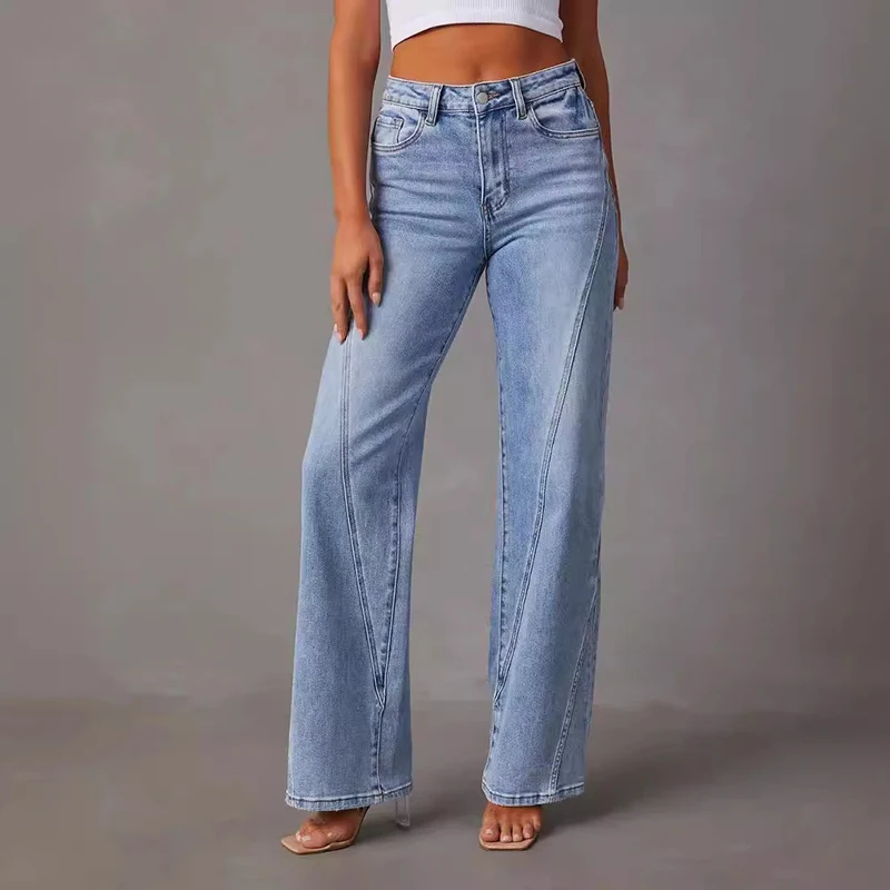 Calça jeans feminina de cintura alta solta e reta, calça elástica azul, calça jeans casual, moda feminina, nova, outono, 2024