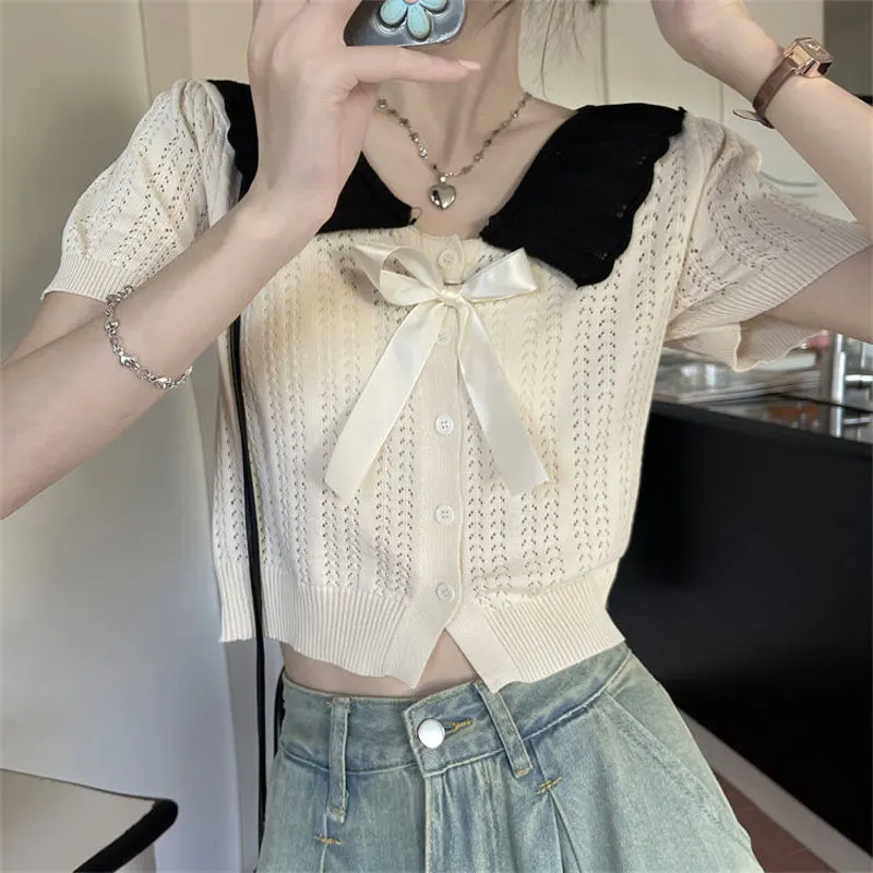 Women\'s Clothing Doll Collar Bow Knitted Shirt Hotsweet Slim Summer Short Sleeve Stylish Hollow Out Solid Color Patchwork Blouse