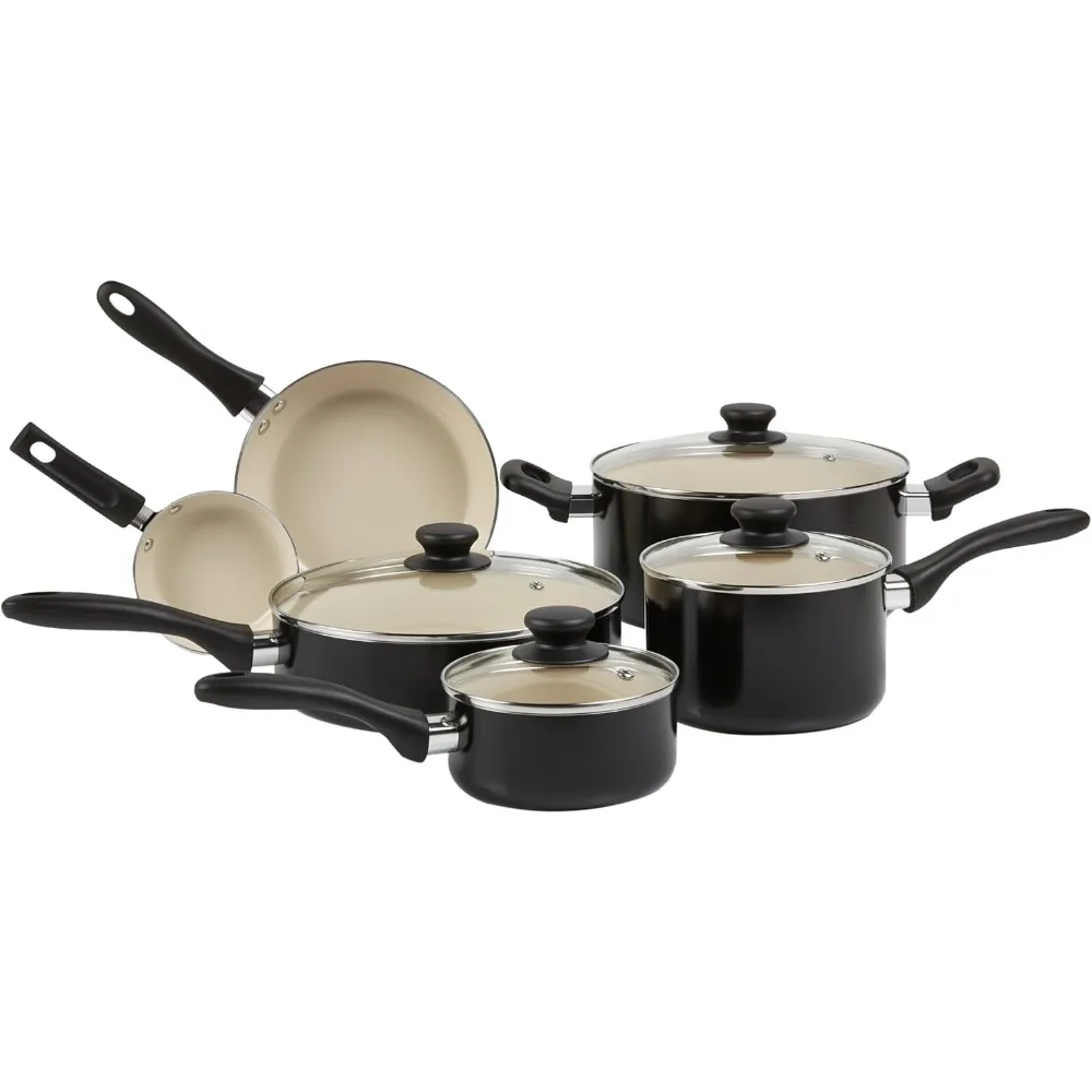 

Ceramic Nonstick Pots and Pans 11 Piece Cookware Set, made without PFOA & PTFE, Black/Cream