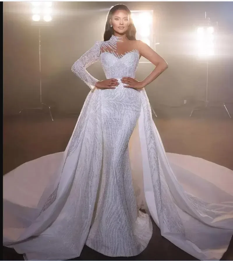 

Customized Spark Beads Sequins Mermaid Wedding Dresses Overkskirt Robe De Mariée One Long Sleeves Luxury Bridal Gowns