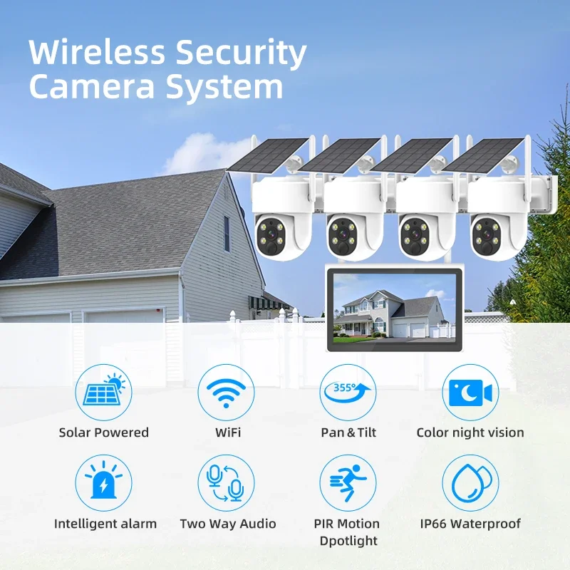 4MP 8 Channels Surveillance Systems Two Ways Talk Home Solar Security CCTV WIFI Camera System with 10 Inch