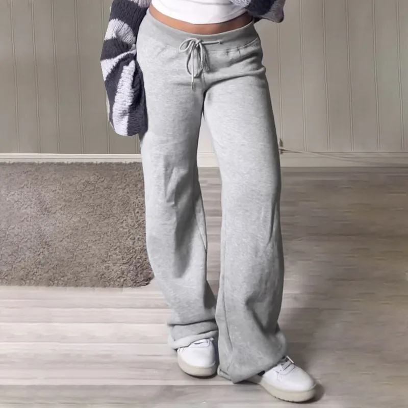

Pockets Drawstring High Waist Casual Loose Sweatpants For Women Gray Solid Basic Simple Straight Leg Pants Jogging Trousers