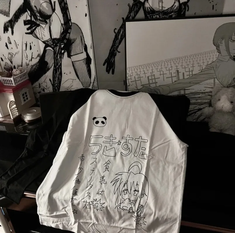 Japanese Kawaii Anime Raglan Long Sleeve T-Shirt Women Spring/Fall Panda Graphic Print Long Sleeve Top 100% Cotton Streetwear