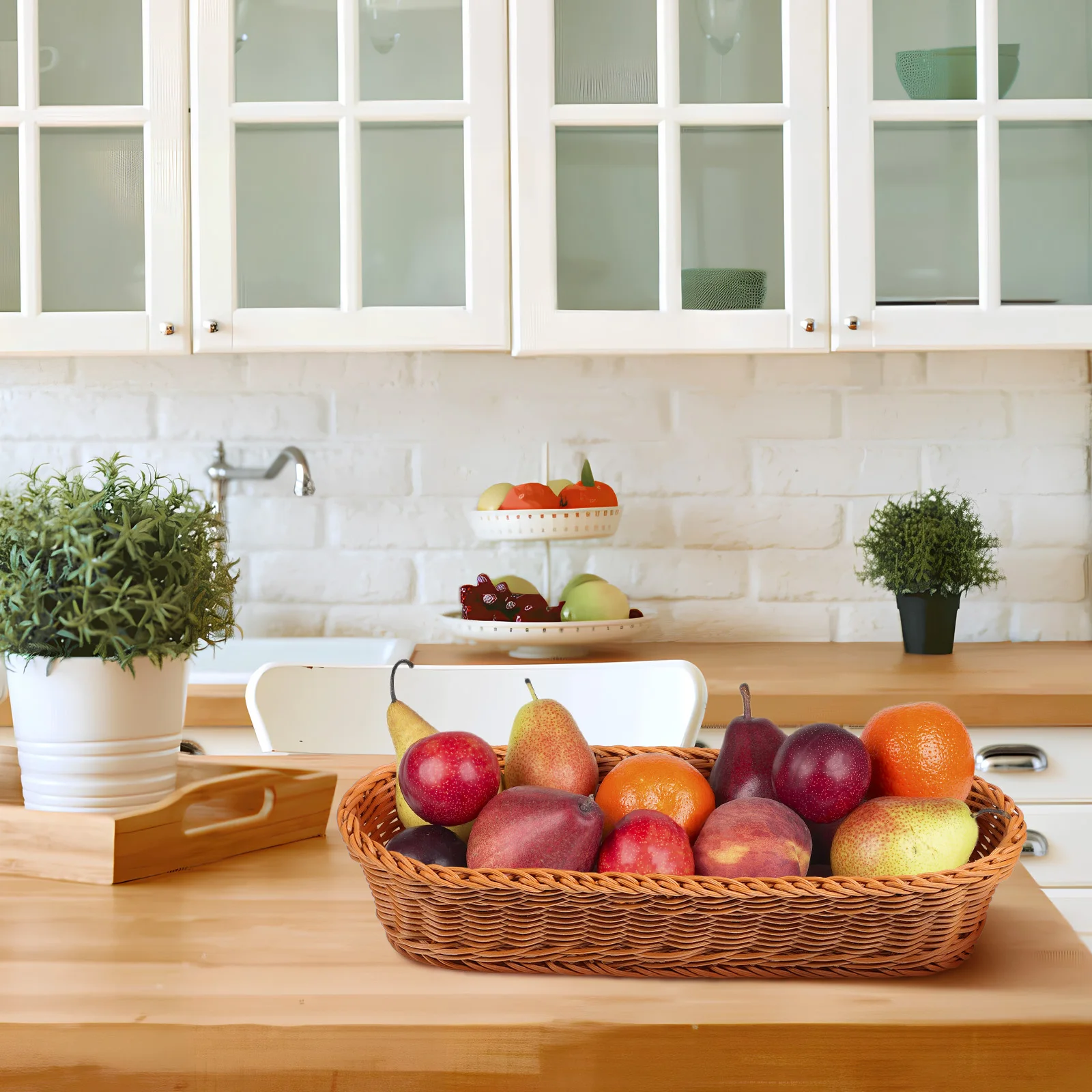 

1pcs Woven Bread Basket Natural Storage Baskets Multi Purpose Sturdy Large Capacity Fruit Snack Serving Tray Organizer For