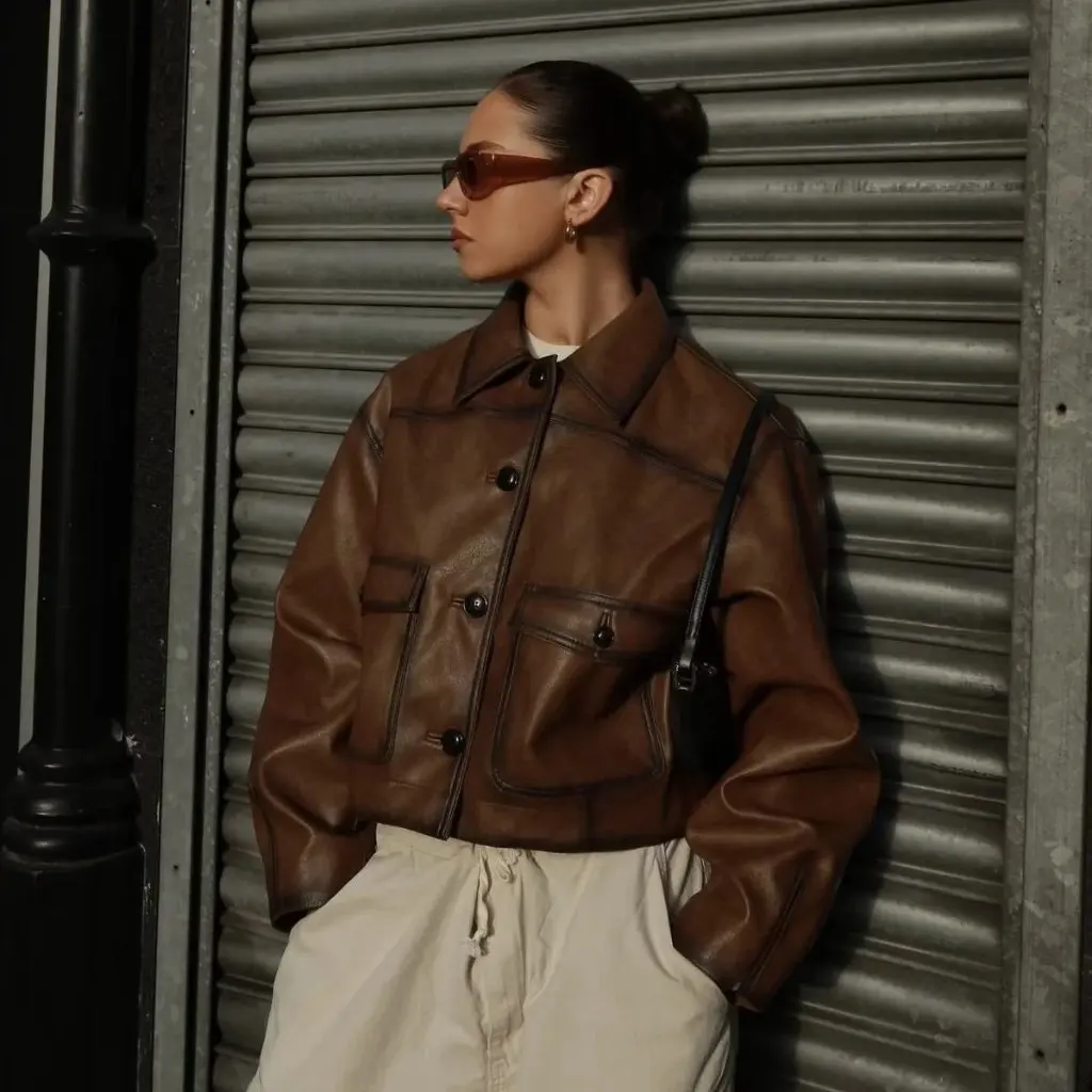 Veste en cuir marron rétro pour femmes, revers à simple boutonnage, INS européen et américain, ample, beau haut en cuir PU pour l'automne