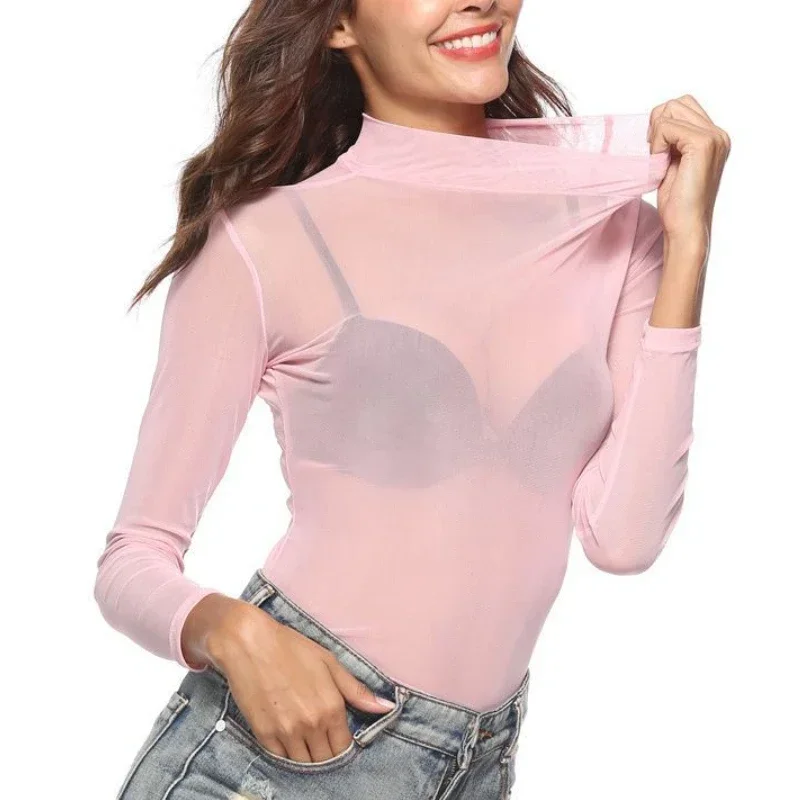 Women Sexy T-shirt Perspective Outfit Ultra-thin Mesh Elastic Top Base Undershirts Tight Fit Long Sleeved O-neck Spring Summer