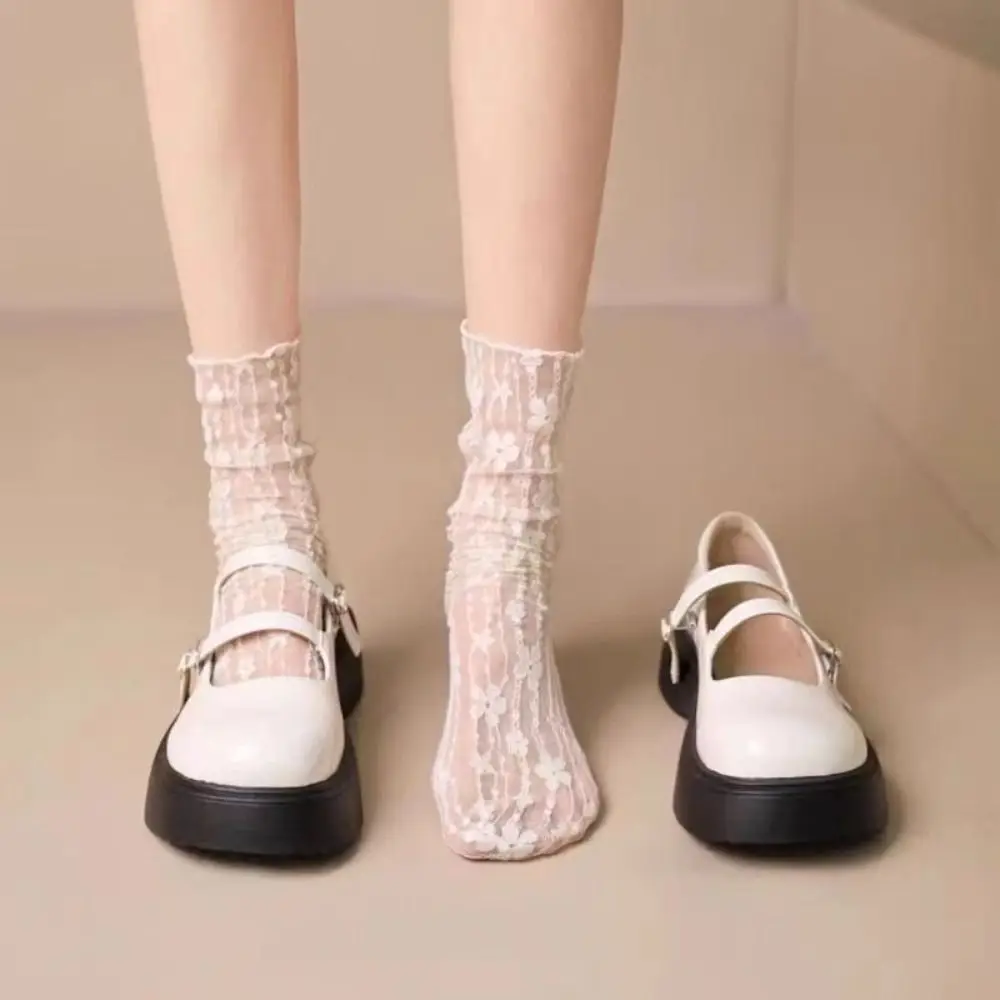 

Lolita Transparent Mesh Flower Socks Pile Up Thin Lace Sock for Women Mid Tube Breathable Floral Tulle Socks Female