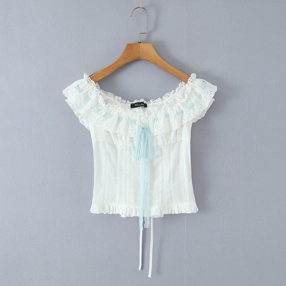 New Summer White Spliced Wood ears embroidery Lace Slash Shoulder Ribbon Shirt Women Elastic Back Ruffles Short Sleeve Crop Tops