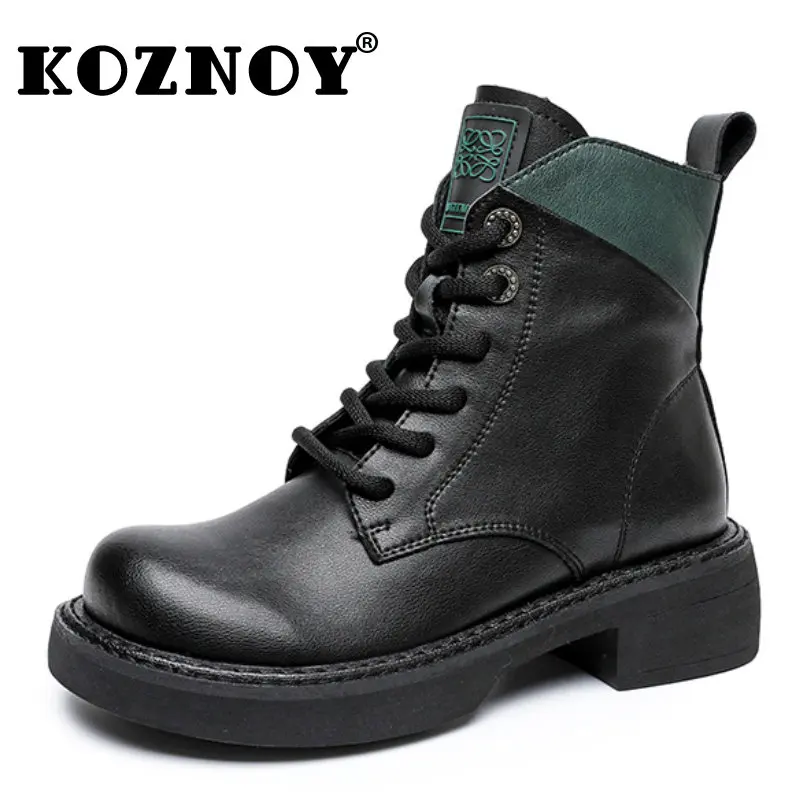 

Koznoy 4.5cm Natural Genuine Leather Spring Autumn Platform Ankle Mid Calf Chunky Combat Battillones Booties Woman Femals Shoes