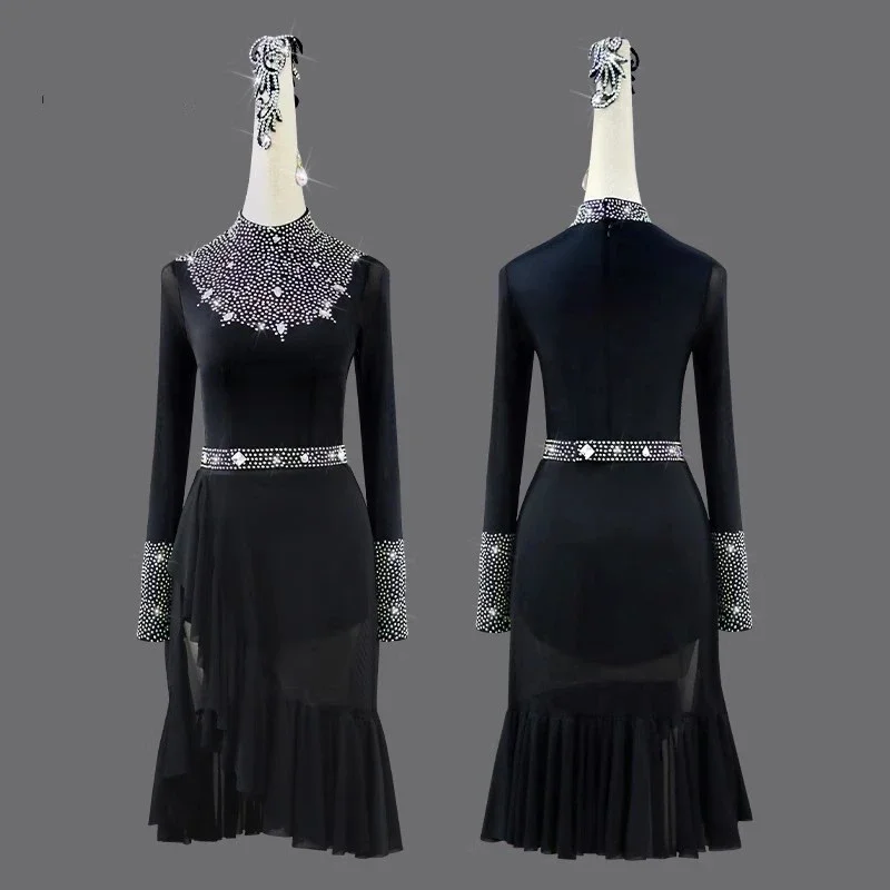 Vestido negro con flecos para mujer, traje Sexy de competición, falda de salón, Salsa, Samba, ropa de escenario para fiesta, 2024